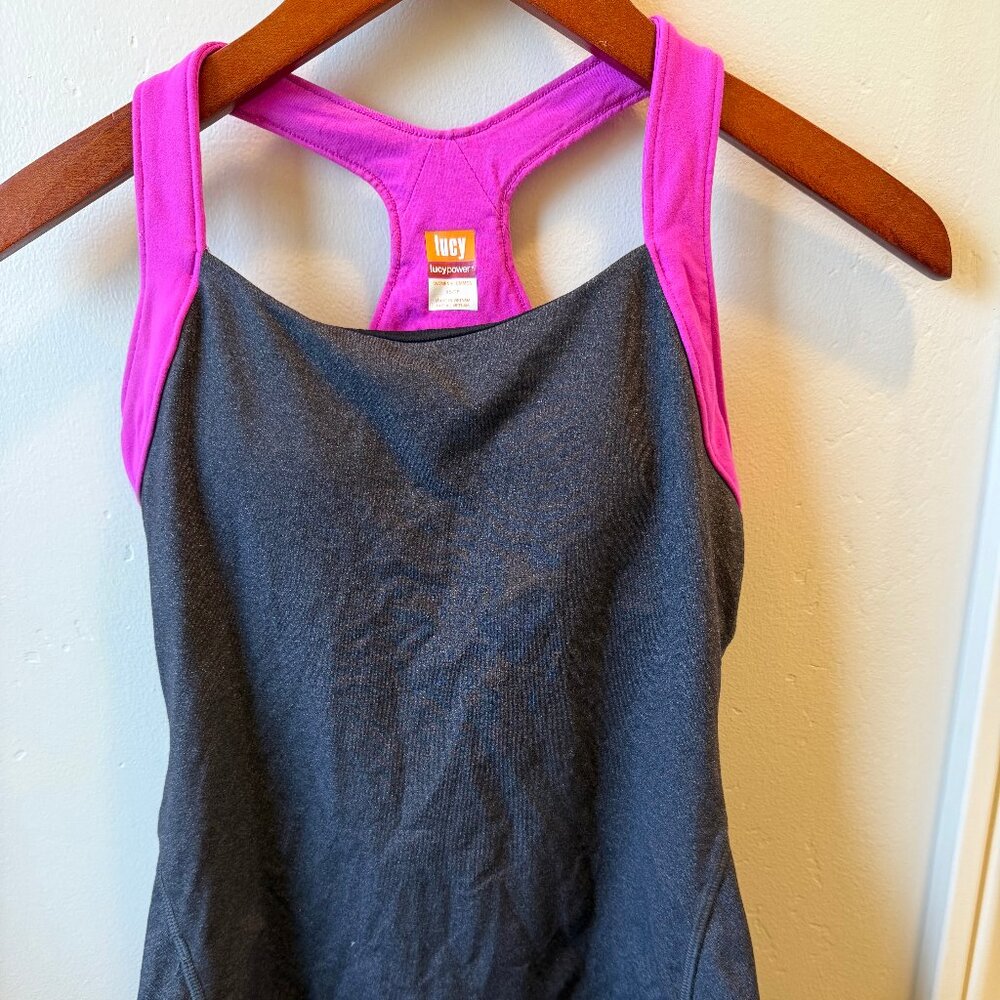 Lucy Power Racerback Workout Tank – Gray & Pink | Women’s Extra Small